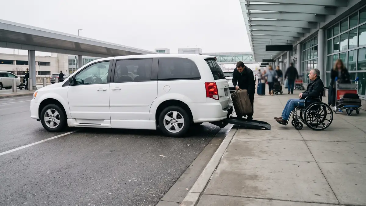 Véhicule adapté PMR devant un terminal d'aéroport