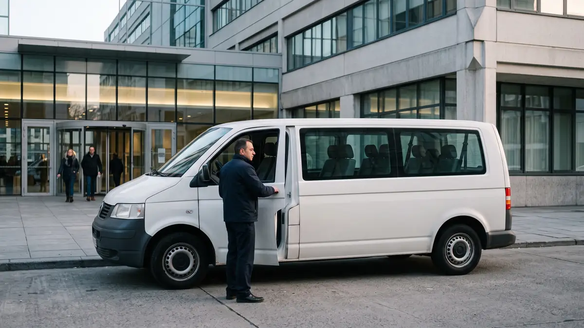 Minibus de transport de personnes devant l'entrée d'un immeuble de bureaux à Bruxelles