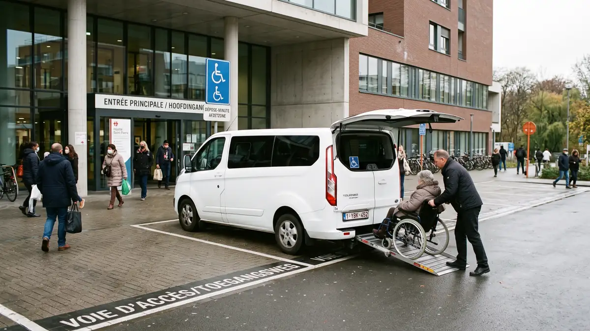 Entrée d'un hôpital bruxellois accessible aux fauteuils roulants