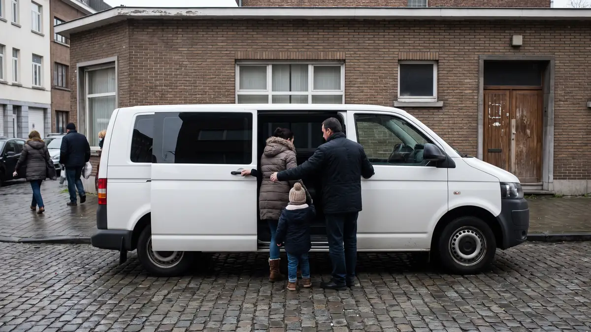 Chauffeur ouvrant la portière d'un minibus pour une famille devant un bâtiment d'accueil à Bruxelles