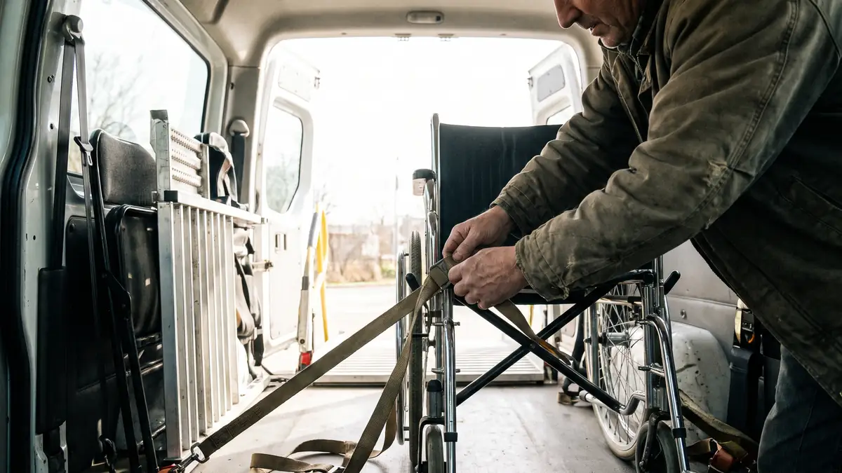 Personne en fauteuil roulant accédant à un véhicule par une rampe